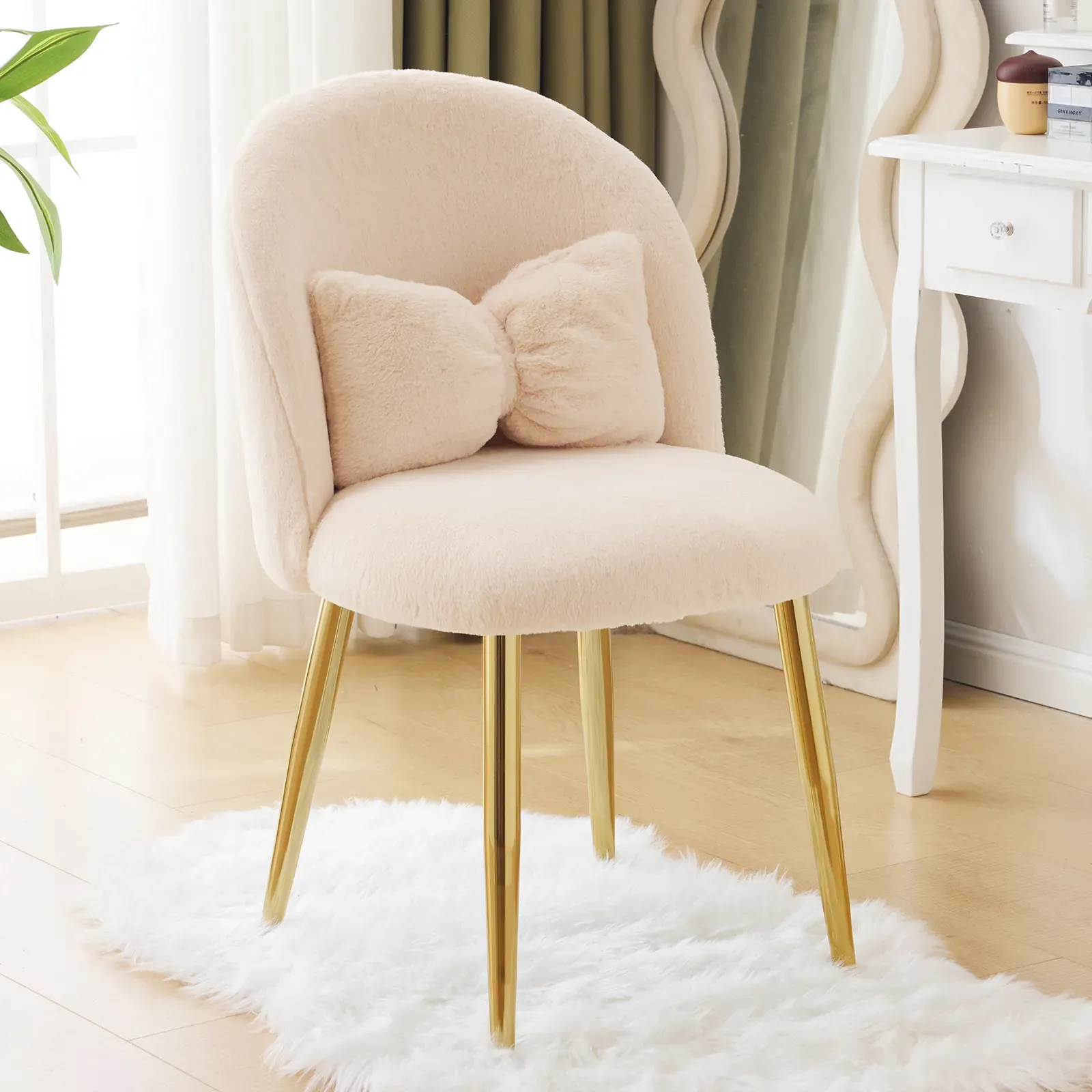 Vanity Makeup Chair Comfy Accent Chair Small Office Chair Faux Rabbit Hair Light Khaki