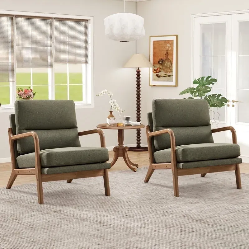 Mid-Century Modern Accent Chair, Comfy Fabric Lounge Armchair with Solid Wood Frame, Set of 2, Green